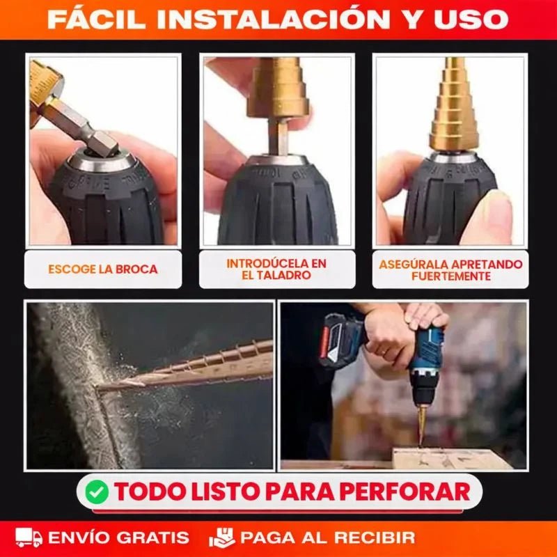 PERFORAPRO™ - SET DE 6 BROCAS ESCALONADAS DE TITANIO + ESTUCHE GRATIS - Tienda Ravenza